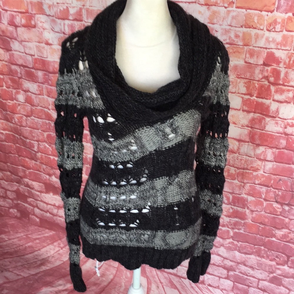 CITY unldt. Mohair Black and Gray Striped Cowl Neck Sweater
